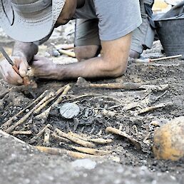 Za krščanske pokope je značilna skromnost, v grobovih so poleg okostij našli kvečjemu sponke, prstane, rožne vence, dele oblačil. (Foto: Benjamin Fele)