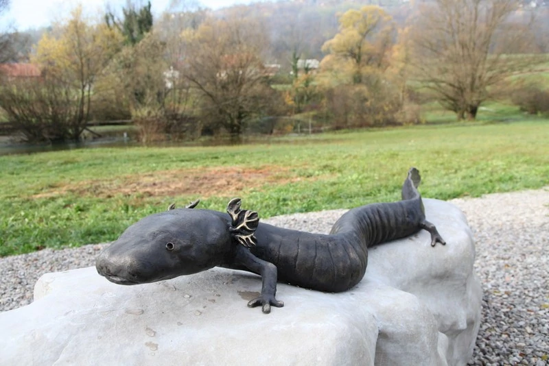 Skulptura črne človeške ribice v Jelševniku.