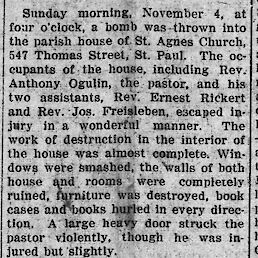 Članek o napadu na župnišče. (The Catholic Bulletin, Saint Paul, Minnesota, 10. 11. 1917, str. 1.)
