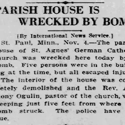 Članek o napadu na župnišče. (The Salt Lake Herald-Republican, Salt Lake City, Utah, 5. 11. 1917, str. 1.)
