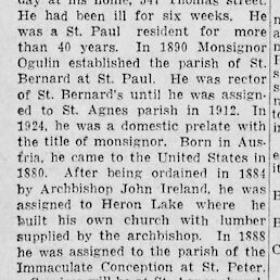 Članek o smrti monsignorja Anthonyja Ogulina. (The Minneapolis Star, Minneapolis, Minnesota, 22. 8. 1933, str. 11.)