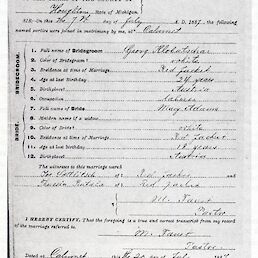 Poročni list Georga Klobucharja in Mary Adam, 1887 (Lindon Comstock: Annie Clemenc, The Great Keweenaw Copper Strike, 2013)